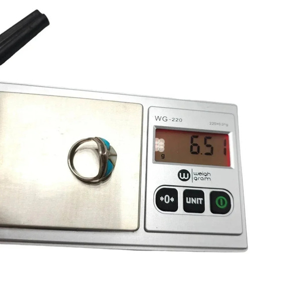 Old Pawn Sterling Silver Mother of Pearl and Sleeping Beauty Turquoise Ring - Picture 7 of 7